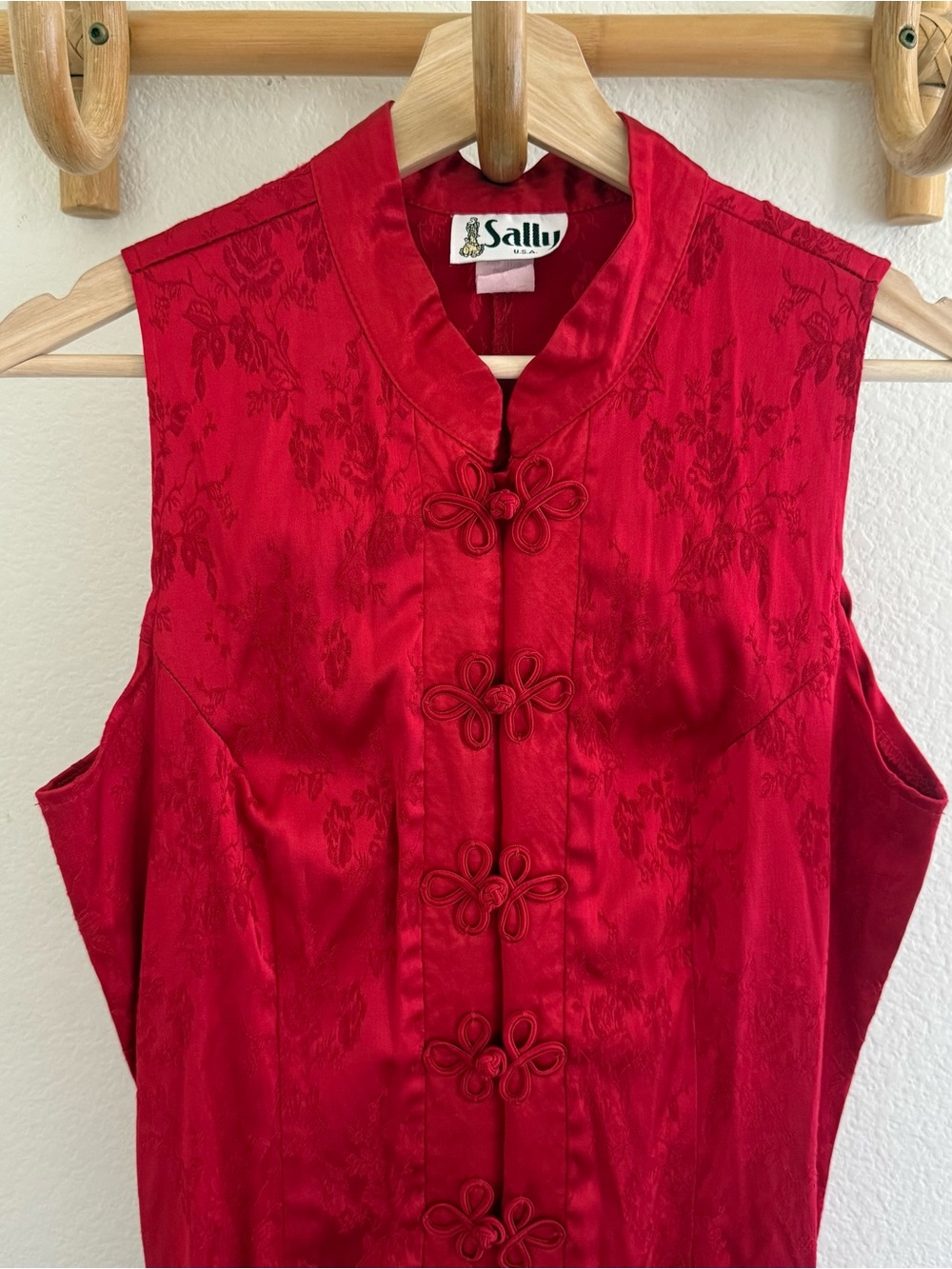 VINTAGE 90s Sally Floral Jacquard brocade Asian style Duster Vest Dress size S